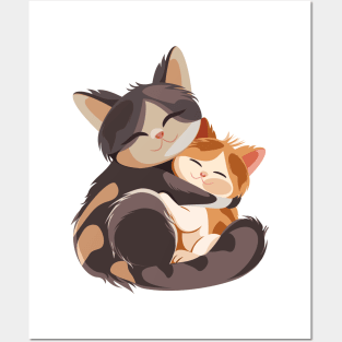 Cat and kitten hugging Posters and Art